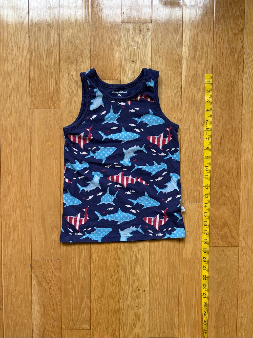 Tommy Bahama Navy Tank Top with Light Blue and Red Shark Print